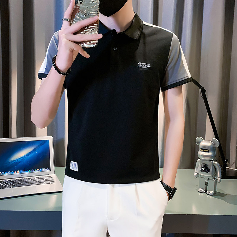 拼接polo衫男短袖潮牌修身社会小伙字母刺绣B323/PL09/P58控78,男装Polo衫,星座301C（原B323）