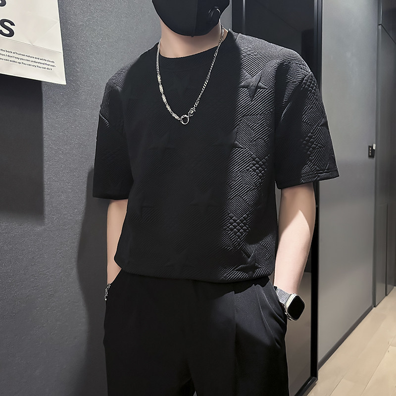 夏季痞帅短袖t恤男五角星提花社会小伙店主风B323-DT33-P48控68,男装T恤,星座301C（原B323）
