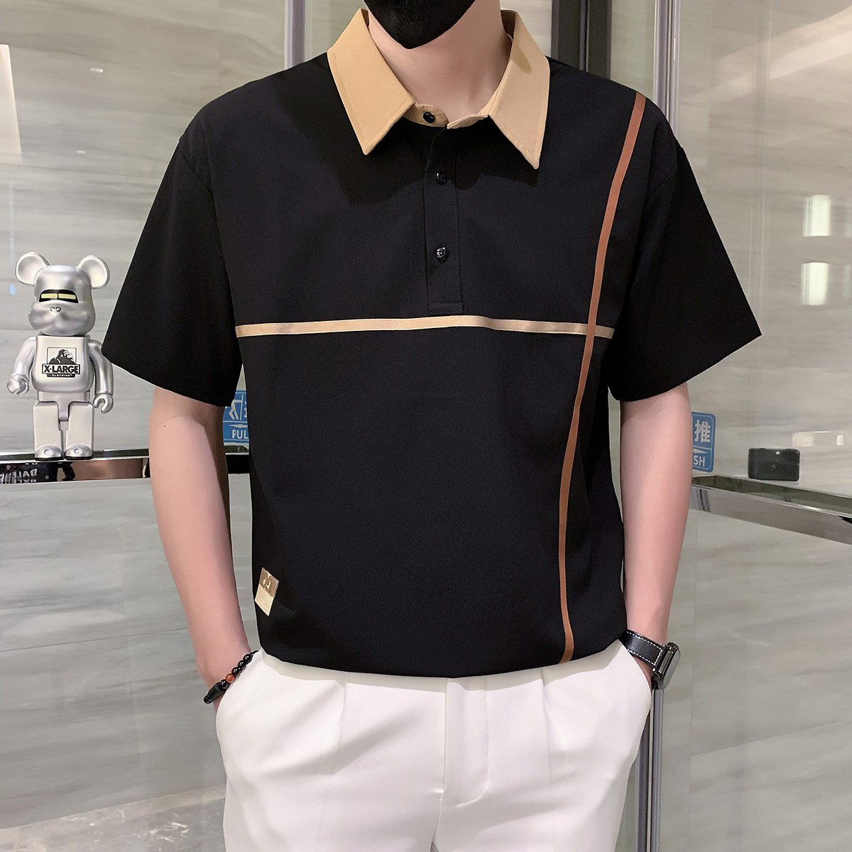短袖polo衫男夏季潮牌高级感贴条翻领社会风T恤 黑色 PL14/特P45图片
