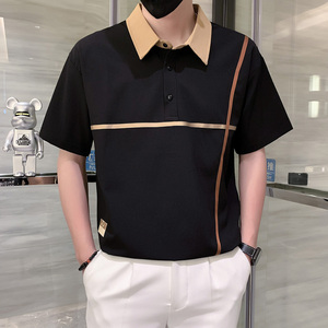 短袖polo衫男夏季潮牌高级感贴条翻领社会风T恤 黑色 PL14/特P45图片