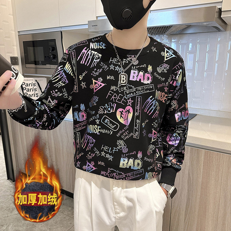 社会小伙卫衣男圆领印花加绒加厚外套B323-WY18R-常规P58加绒P68,女装短外套,星座301C（原B323）