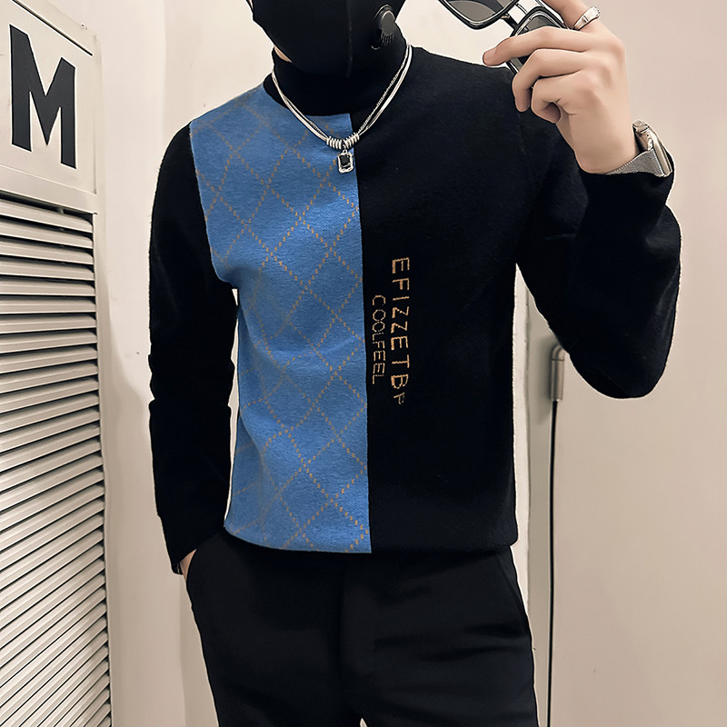 社会小伙毛衣男半高领中领修身拼色加厚针织衫B323-M46-P78控108图片