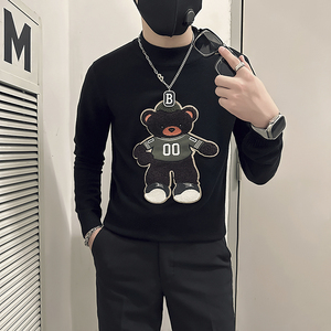 社会小伙半高领毛衣男修身小熊图案打底衫B323-M51-特P58控78图片