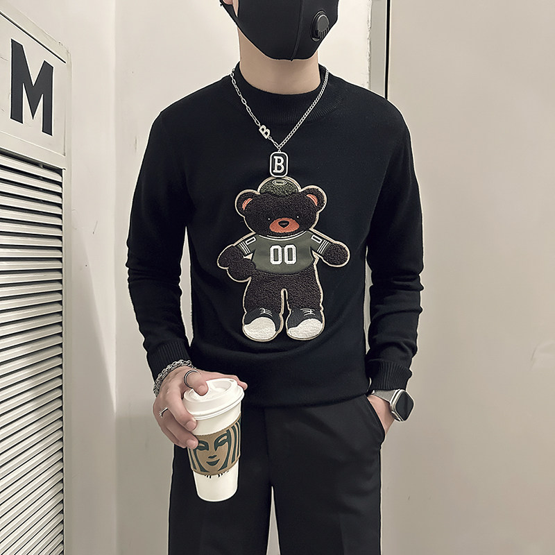 社会小伙半高领毛衣男修身小熊图案打底衫B323-M51-特P58控78,男装T恤,星座301C（原B323）