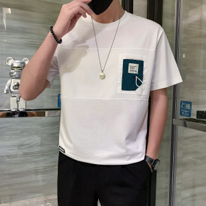 潮牌短袖时尚圆领创意拼接社会小伙T恤男高档面料白色 DT29/P53图片