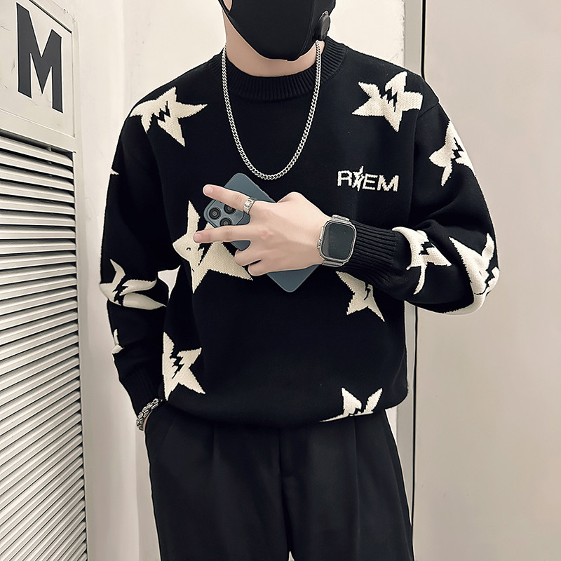 抖音五角星钩花毛衣男圆领加厚针织打底衫B323-M40-P68控98,男装T恤,星座301C（原B323）