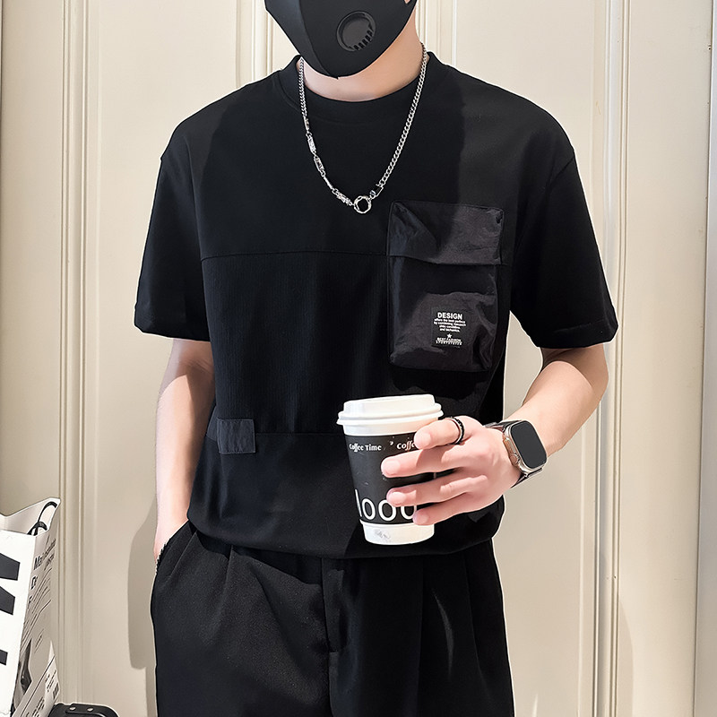 社会小伙店主风2025夏季新款简约短袖t恤男拼接B323-DT52-特P45,男装T恤,星座301C（原B323）