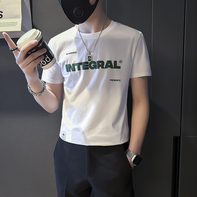夏季短袖T恤男修身潮流字母社会小伙店主风B323-DT05A-P38控58,男装T恤,星座301C（原B323）