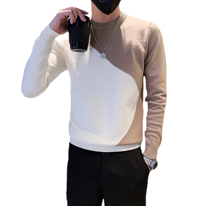 社会小伙毛衣男圆领潮牌拼色秋冬季高级感打底衫 卡其色 M27-P78图片