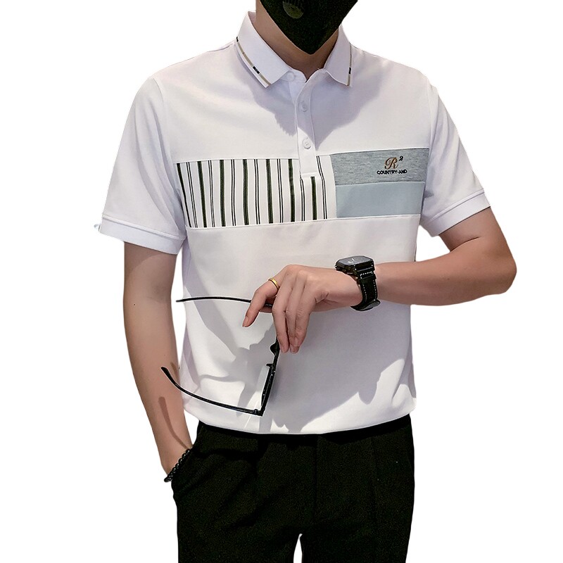 短袖polo衫男潮牌拼接高档高级感痞帅翻领t恤黑色PL13/特P58,男装T恤,星座301C（原B323）