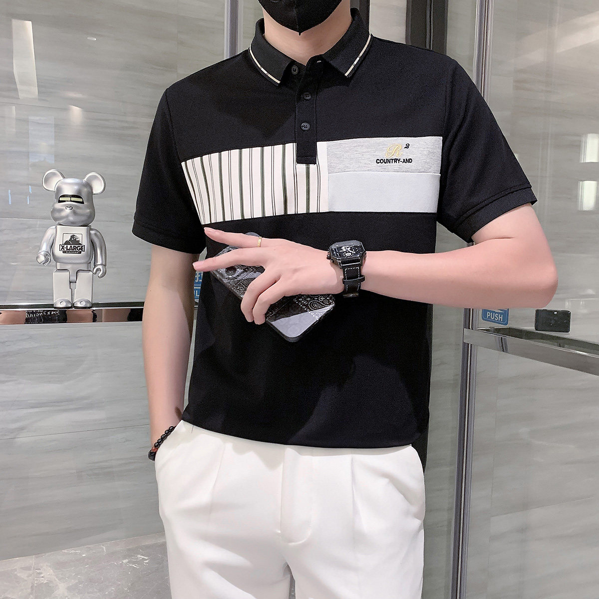 短袖polo衫男潮牌拼接高档高级感痞帅社会小伙t恤白色PL13/特P58,男装Polo衫,星座301C（原B323）