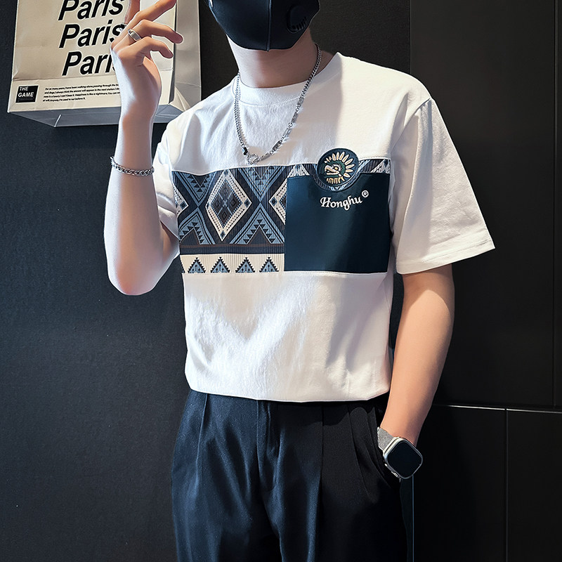 撞色男士短袖t恤拼接刺绣社会小伙店主风夏季半袖B323-DT55-P58图片