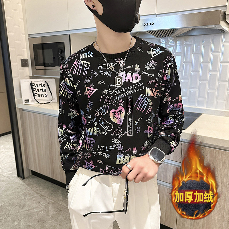 社会小伙卫衣男圆领印花加绒加厚外套B323-WY18R-常规P58加绒P68,女装短外套,星座301C（原B323）