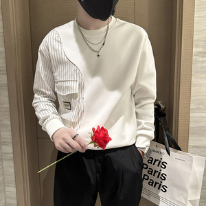 抖音卫衣男社会小伙潮牌条纹拼接圆领外套时尚B323-WY09B-P58,宽松卫衣搭配矮个子图片