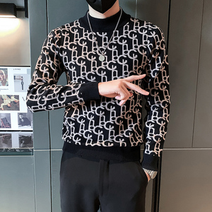社会小伙半高领毛衣男字母图案修身潮牌打底衫 黑色 M26-P68图片