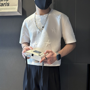 夏季痞帅短袖t恤男五角星提花社会小伙店主风B323-DT33-P48控68图片