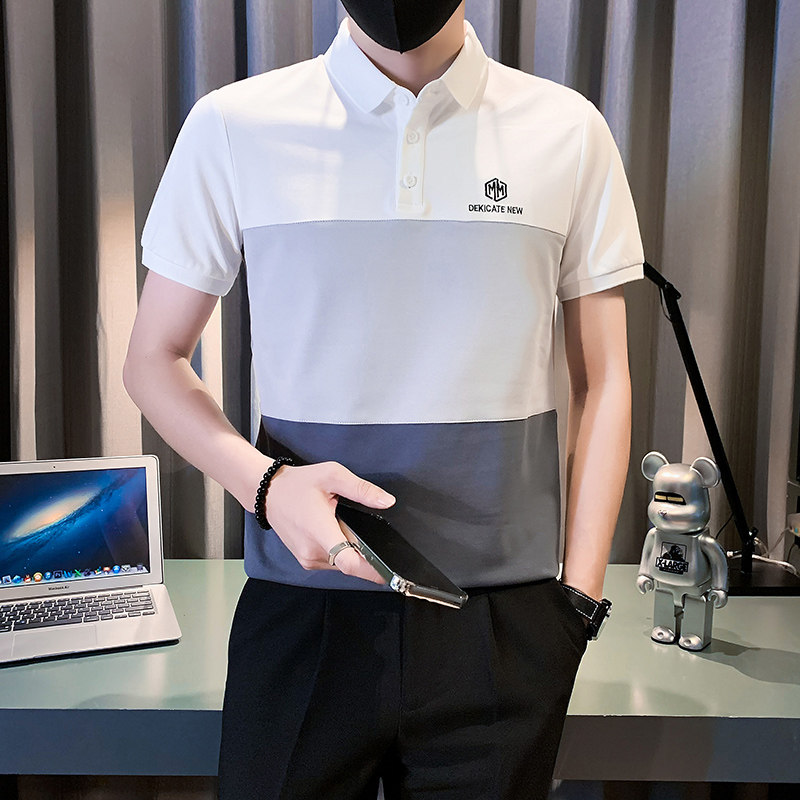 拼接polo衫男短袖潮牌修身高级感社会小伙T恤B323/PL07/P58控78,男装Polo衫,星座301C（原B323）