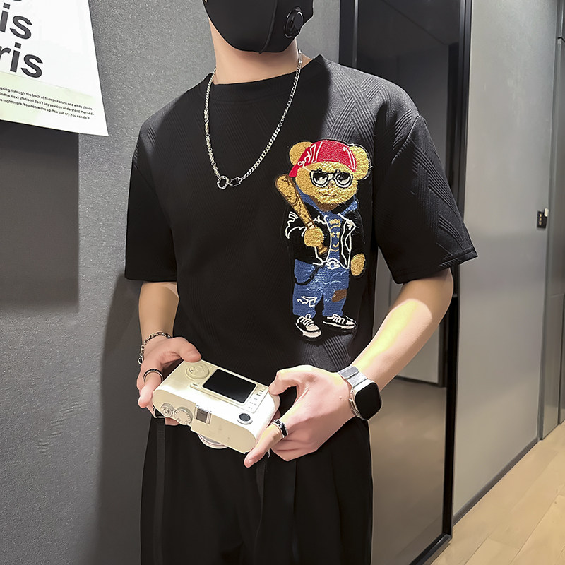 夏季刺绣修身短袖T恤衣服男士社会小伙店主风B323-DT40-P48控68,男装T恤,星座301C（原B323）
