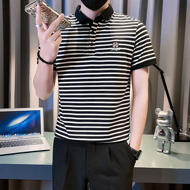 短袖polo衫男潮牌条纹刺绣修身社会小伙男装B323/PL08/P58控78图片