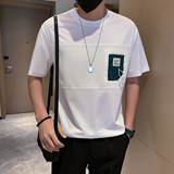 潮牌短袖时尚圆领创意拼接社会风T恤男高档面料白色DT29/P53，男装T恤，星座301C（原B323）
