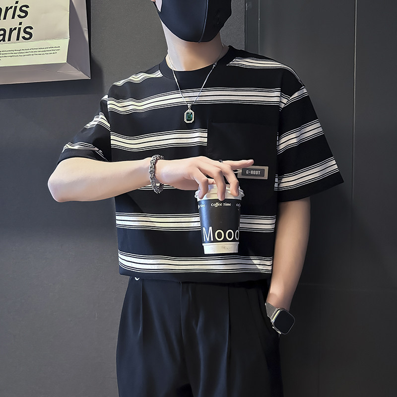 夏季条纹T恤男宽松高级痞帅社会小伙店主风B323-DT45-特P58控78,男装T恤,星座301C（原B323）