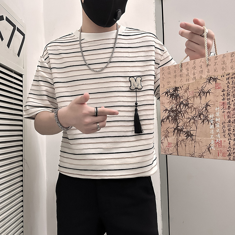 B323-DT74-P55控75社会小伙短袖T恤男店主风条纹痞帅半截袖衣服,男装T恤,星座301C（原B323）