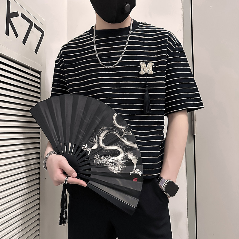 B323-DT74-P55控75社会小伙短袖T恤男店主风条纹痞帅半截袖衣服,男装T恤,星座301C（原B323）