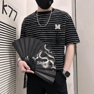 B323-DT74-P55控75社会小伙短袖T恤男店主风条纹痞帅半截袖衣服图片