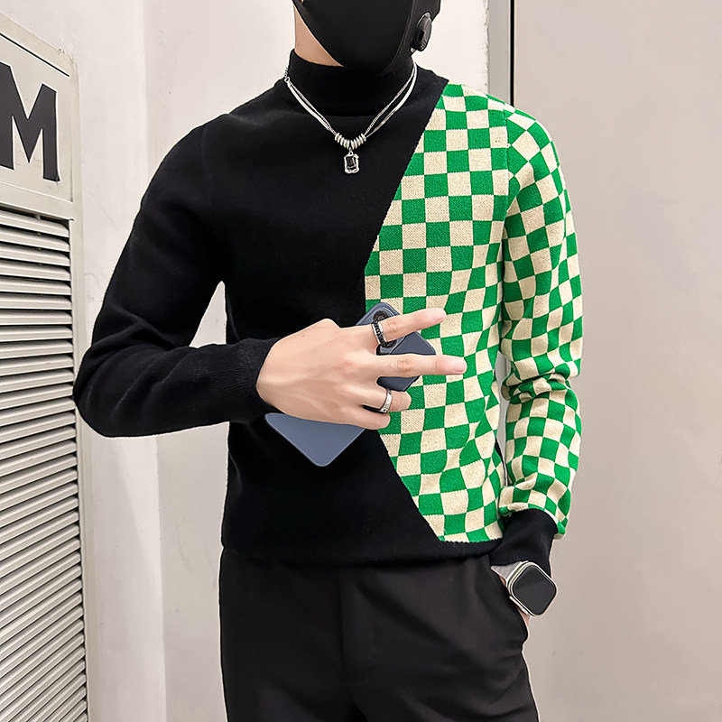 社会小伙毛衣男半高领修身棋盘格拼色针织衫B323-M48-P78控108,男装针织衫/毛衣,星座301C（原B323）