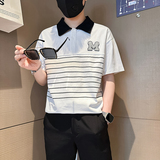 B323-PL23-P55控75社会小伙短袖POLO衫男店主风时尚条纹半袖衣服，男装Polo衫，星座301C（原B323）