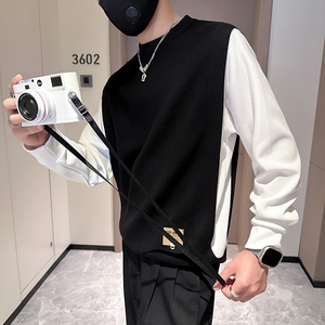 抖音假两件毛衣男高级感潮牌秋冬拼接社会小伙B323-M35-P88图片