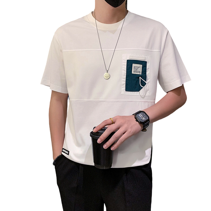潮牌短袖时尚圆领创意拼接社会风T恤男高档面料白色DT29/P53,男装T恤,星座301C（原B323）