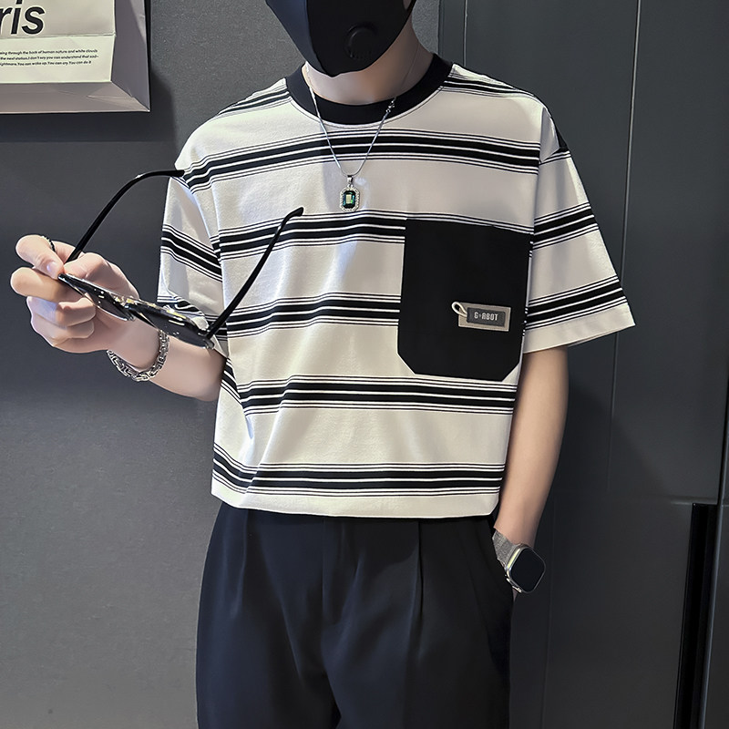夏季条纹T恤男宽松高级痞帅社会小伙店主风B323-DT45-特P58控78,男装T恤,星座301C（原B323）