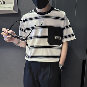夏季条纹T恤男宽松高级痞帅社会小伙店主风B323-DT45-特P58控78图片