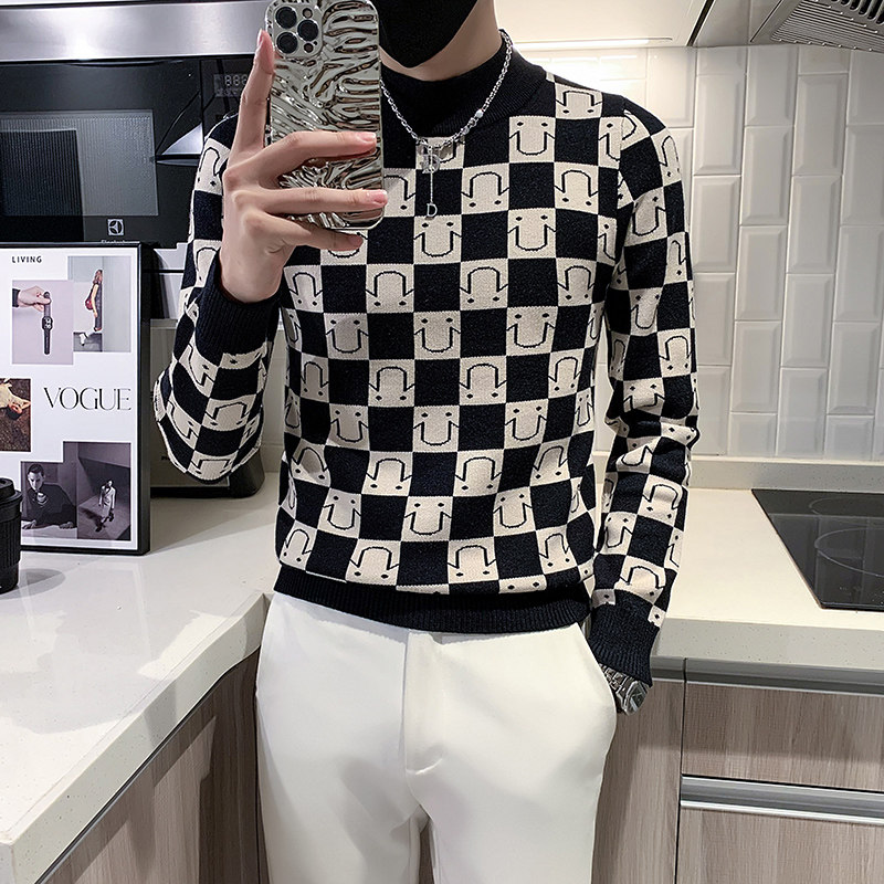 社会小伙半高领毛衣男格子潮牌ins痞帅炸街秋冬款三色M19-P68，男装针织衫/毛衣，星座301C（原B323）