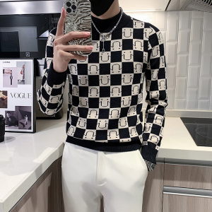 社会小伙半高领毛衣男格子潮牌ins痞帅炸街秋冬款 三色 M19-P68,男装针织衫/毛衣,星座301C（原B323）