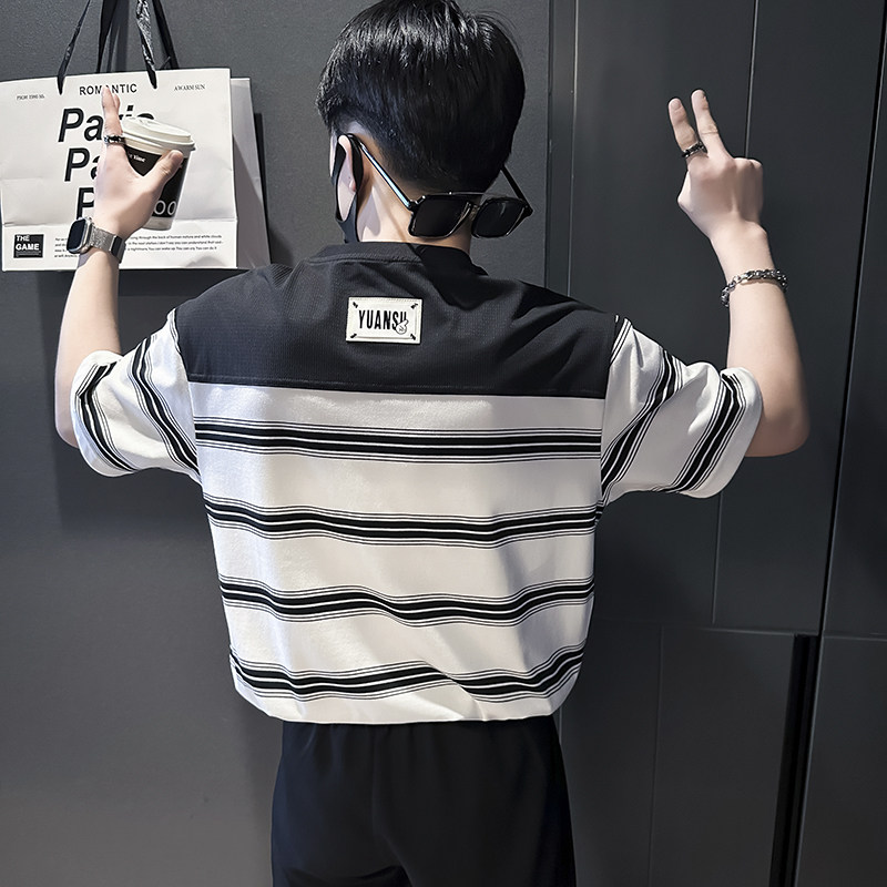 夏季条纹T恤男宽松高级痞帅社会小伙店主风B323-DT45-特P58控78图片
