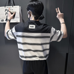 夏季条纹T恤男宽松高级痞帅社会小伙店主风B323-DT45-特P58控78图片
