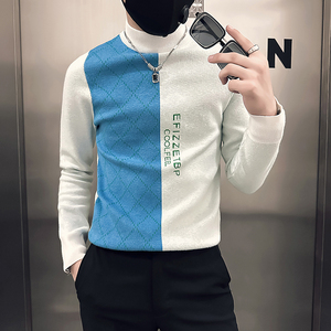 社会小伙毛衣男半高领中领修身拼色加厚针织衫B323-M46-P78控108图片