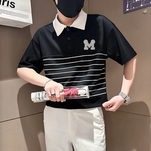 B323-PL23-P55控75社会小伙短袖POLO衫男店主风时尚条纹半袖衣服图片