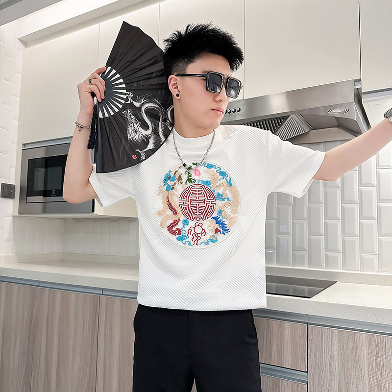 B323-DT71A-P48新中式风刺绣T恤男夏季白色短袖体恤社会小伙,男装T恤,星座301C（原B323）