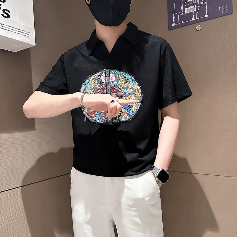B323-PL22-P55控75社会小伙短袖POLO衫男店主风风大刺绣衣服,男装Polo衫,星座301C（原B323）