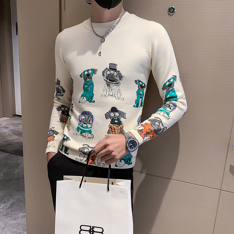 秋冬狗狗图案毛衣男加厚圆领潮牌社会小伙长袖打底衫M24-P88控118图片