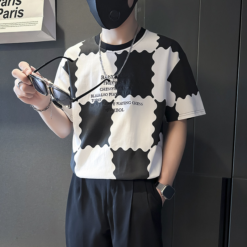 衣服男2025年新款短袖t恤印花社会小伙店主风B323-DT34-P48控68,男装T恤,星座301C（原B323）