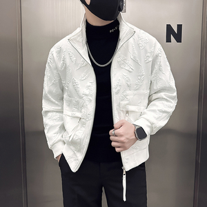 社会小伙外套男修身羽毛提花图案高级感外套B323-JK10-P98控138