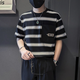 夏季条纹T恤男宽松高级痞帅社会小伙店主风B323-DT45-特P58控78，男装T恤，星座301C（原B323）