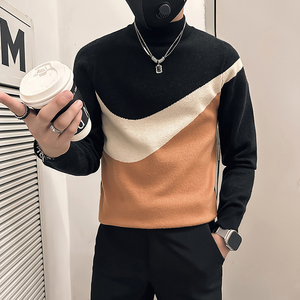 社会小伙毛衣男半高领高级感修身拼色针织衫B323-M49-P78控108