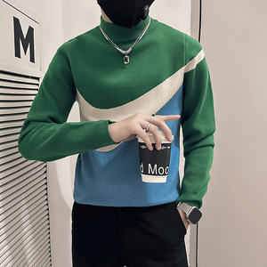 社会小伙毛衣男半高领高级感修身拼色针织衫B323-M49-P78控108