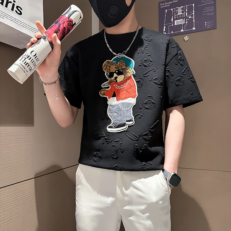 B323-DT66-P48控68社会小伙短袖T恤男店主风小熊刺绣潮流半袖衣服,男装T恤,星座301C（原B323）