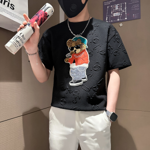 B323-DT66-P48控68社会小伙短袖T恤男店主风小熊刺绣潮流半袖衣服图片